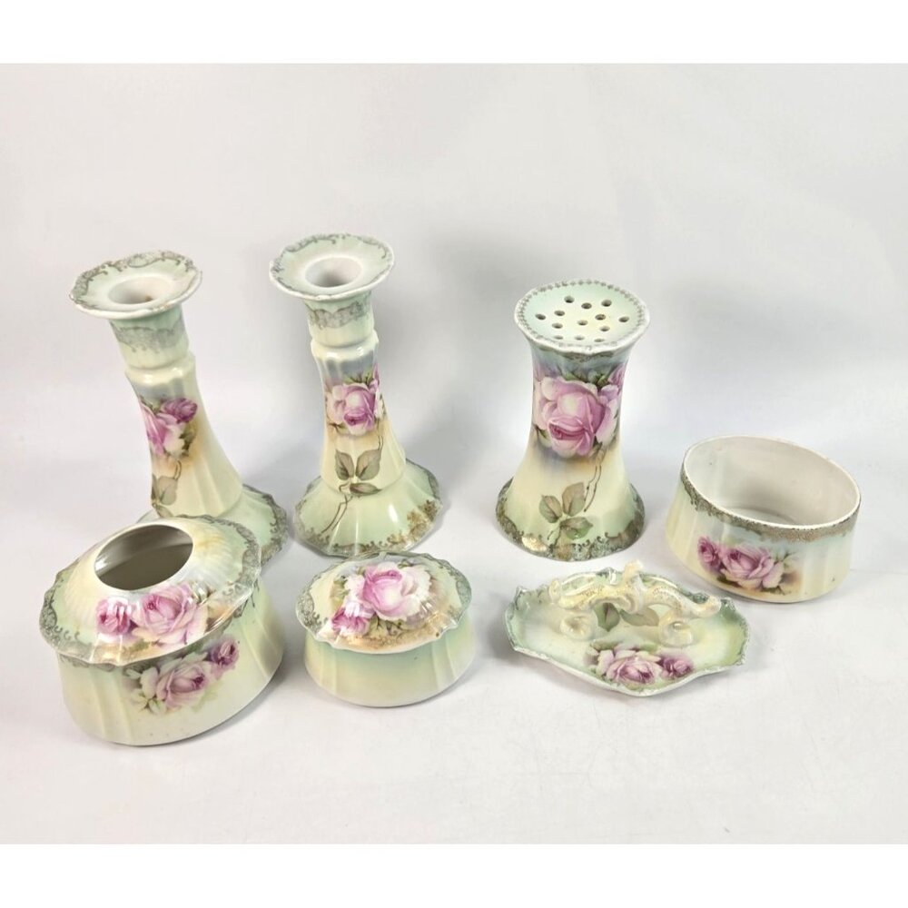 Antique Hand Painted Porcelain Vanity Dresser Set Pink Roses Light Green 7pc